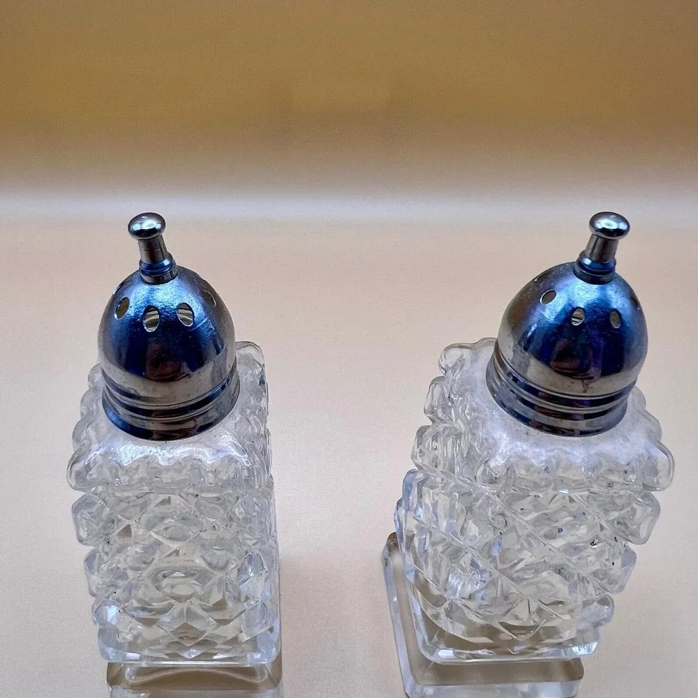 Vintage Diamond Cut Crystal Salt and Pepper Shakers Set Mid-Century Regency